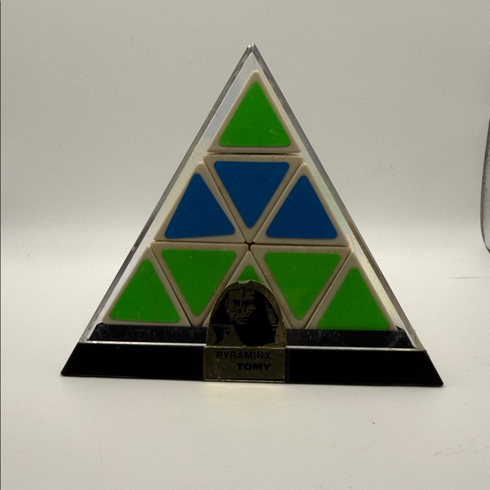Vintage 1981 Pyraminx Puzzle by Tomy with Case - Green, Blue, Yellow, orange